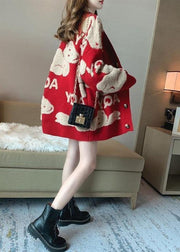 French Red Oversized Jacquard Knit Loose Cardigan Winter