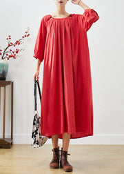French Red Oversized Linen Holiday Dress Bracelet Sleeve