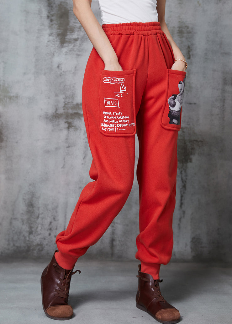 French Red Oversized Pockets Warm Fleece Harem Pants Winter