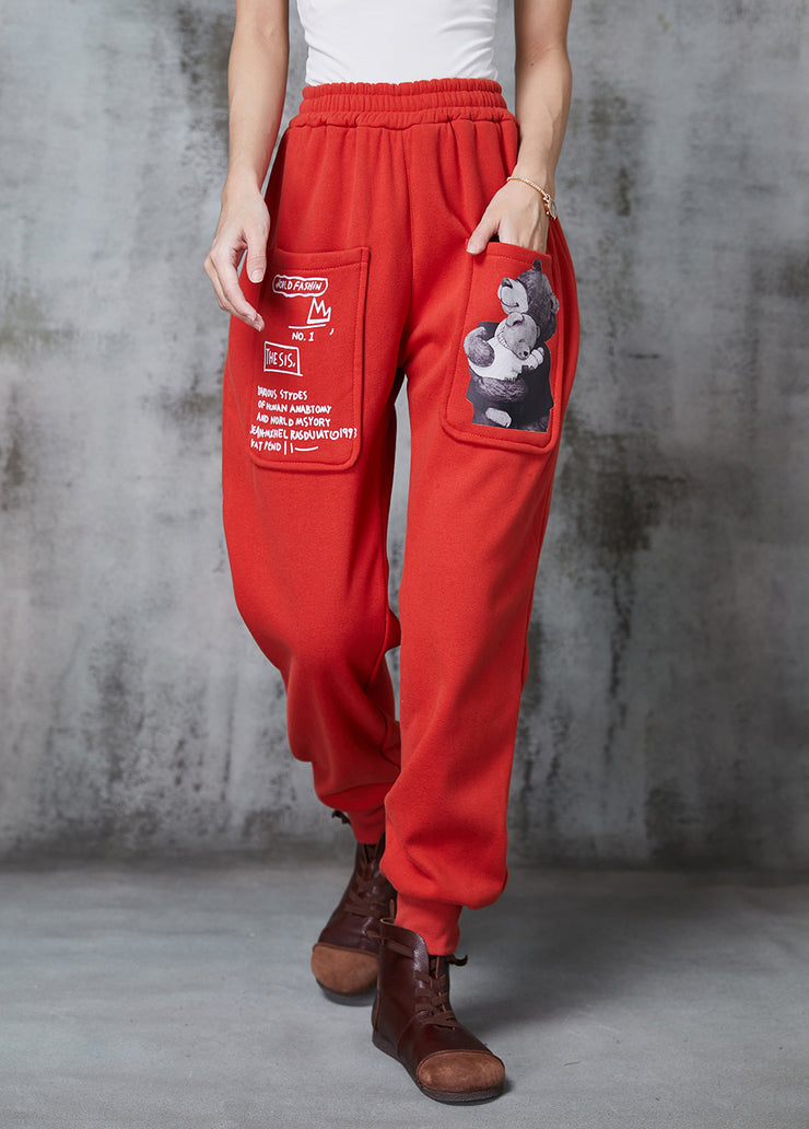 French Red Oversized Pockets Warm Fleece Harem Pants Winter