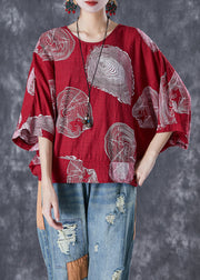 French Red Oversized Print Cotton Top Batwing Sleeve