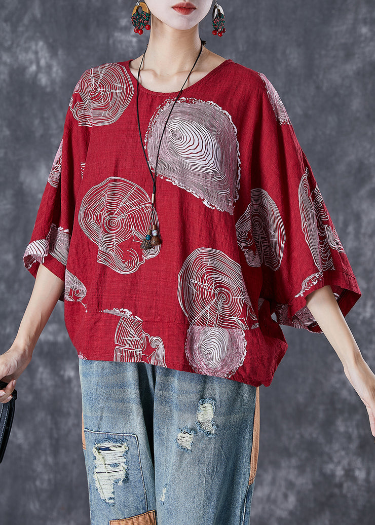 French Red Oversized Print Cotton Top Batwing Sleeve