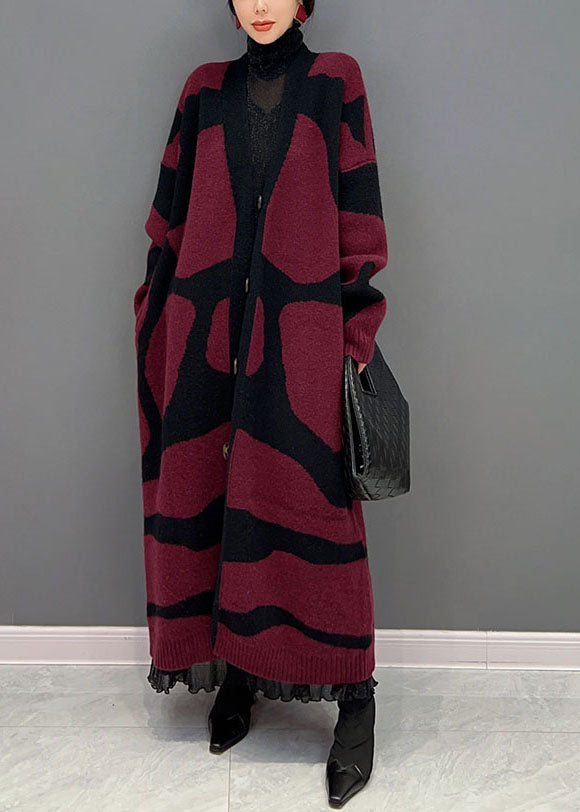 French Red Oversized Print Knit Long Cardigan Winter