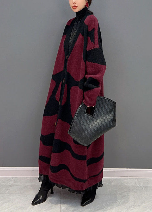 French Red Oversized Print Knit Long Cardigan Winter
