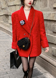 French Red Peter Pan Collar Button Pockets Woolen Coat Long Sleeve