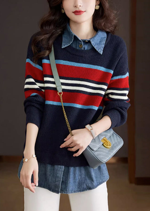 French Red Peter Pan Collar Denim Stitching Fake Two Piece Knit Top Autumn