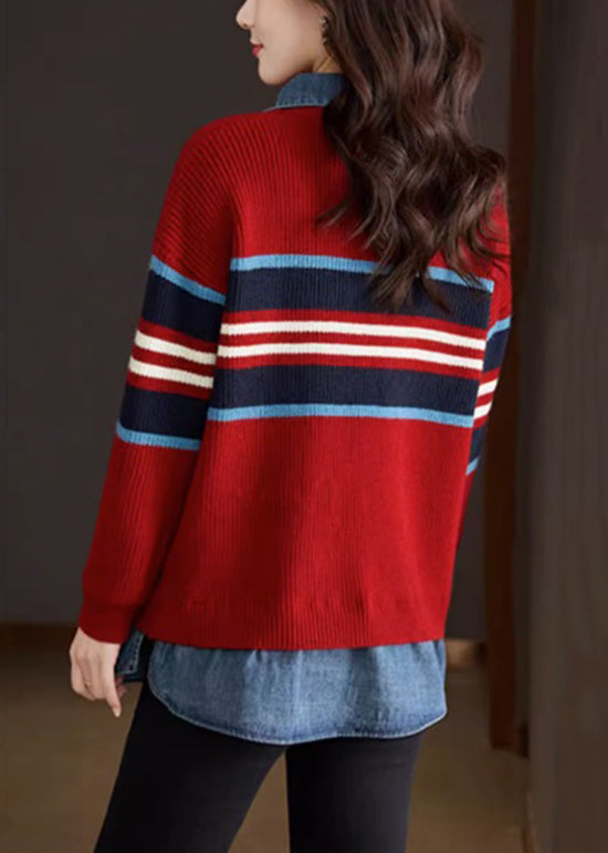 French Red Peter Pan Collar Denim Stitching Fake Two Piece Knit Top Autumn