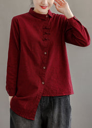 Französisches rotes Patchwork-Baumwollhemd mit Peter-Pan-Kragen und langen Ärmeln