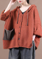 French Red Pockets Casual Sweater Coat - SooLinen