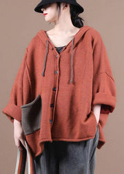 French Red Pockets Casual Sweater Coat - SooLinen