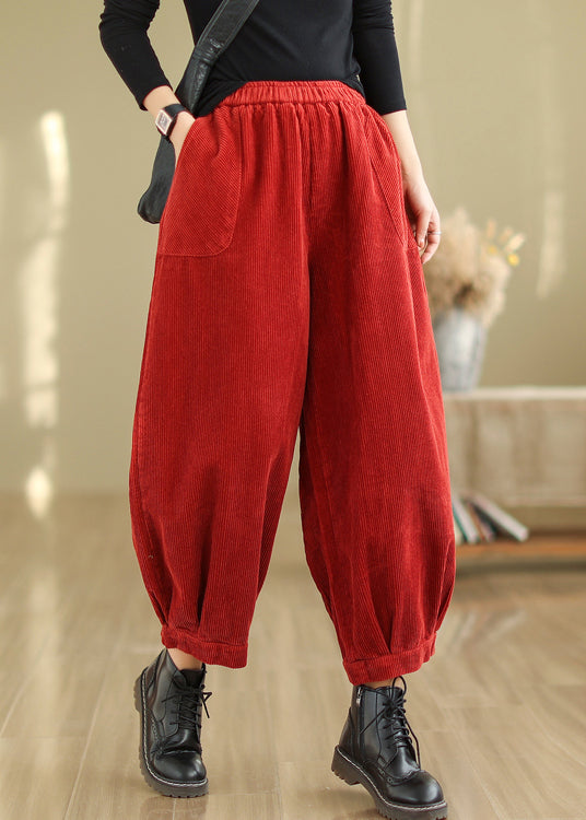 French Red Pockets Elastic Waist Corduroy Crop Pants Fall