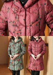 French Red Print Fine Cotton Filled Hooded Down Coats Winter
