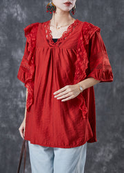 French Red Ruffled Patchwork Cotton Sweater Tops Short Sleeve