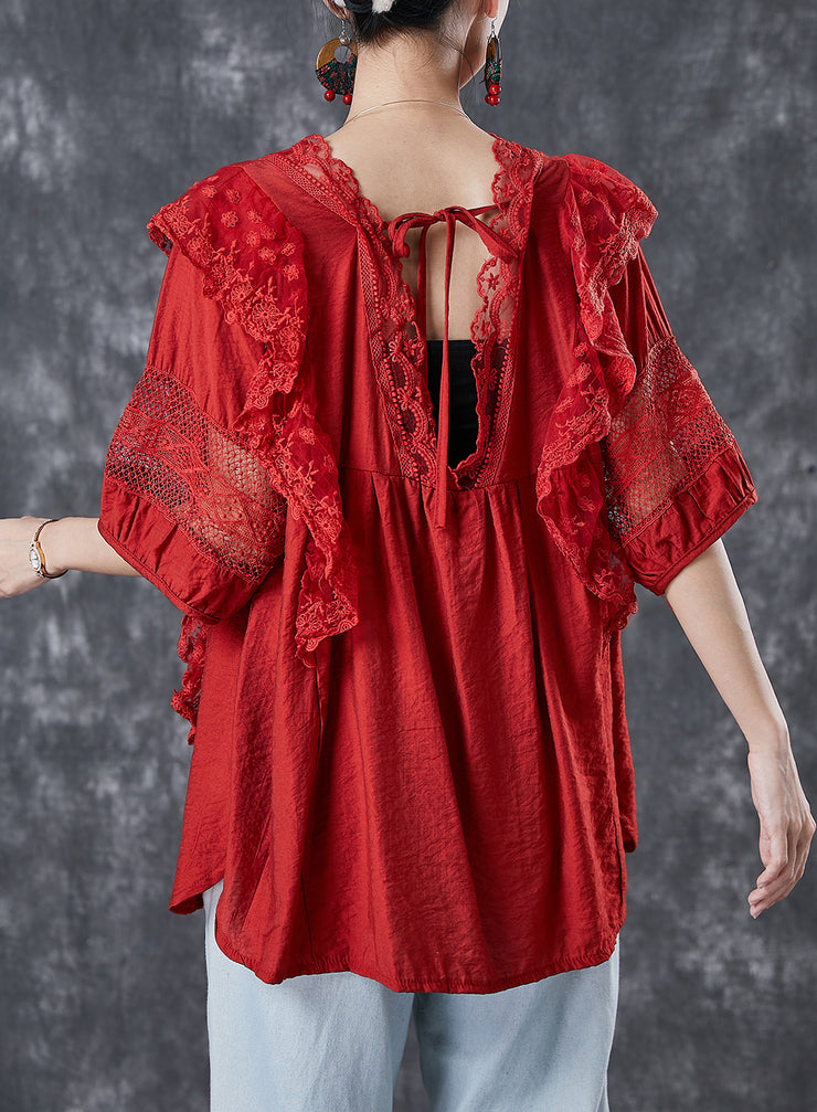 French Red Ruffled Patchwork Cotton Sweater Tops Short Sleeve