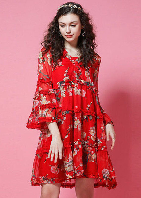 French Red Ruffled Print Chiffon Maxi Dress Bracelet Sleeve