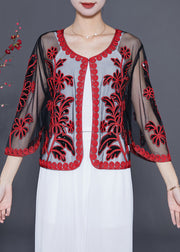 French Red Sequins Embroidered Tulle Loose Cardigan Summer