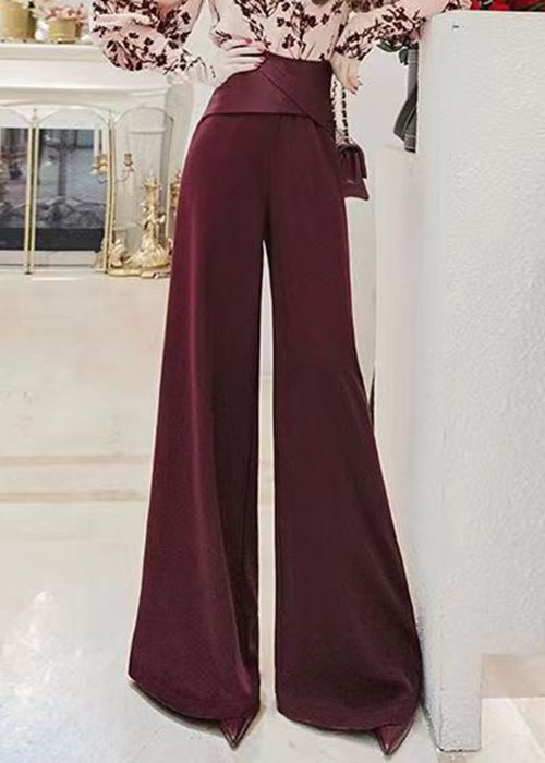 French Red Solid High Waist Cotton Wide Leg Pants Spring