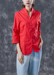 French Red Stand Collar Button Cotton Blouse Tops Bracelet Sleeve