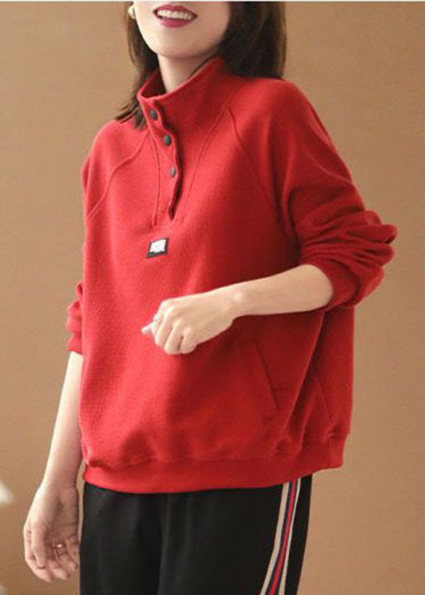 French Red Stand Collar Pockets Cotton Loose Sweatshirts Top Long Sleeve