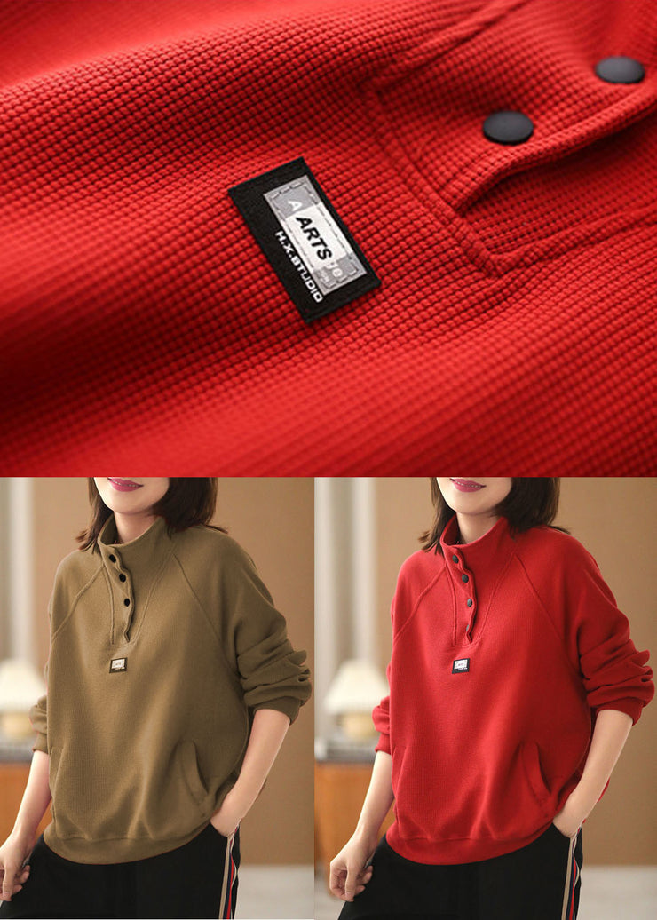 French Red Stand Collar Pockets Cotton Loose Sweatshirts Top Long Sleeve