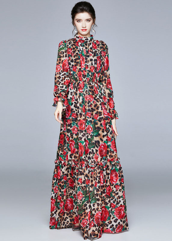 French Red Stand Collar Ruffled Leopard Print Chiffon Long Dress Fall