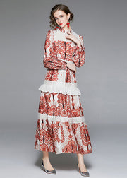 French Red Stand Collar Ruffled Patchwork Print Long Dress Fall