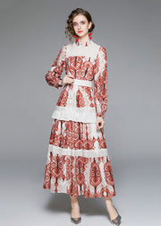 French Red Stand Collar Ruffled Patchwork Print Long Dress Fall