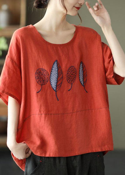 French Red Summer O-Neck Embroideried Linen Half Sleeve T Shirt - SooLinen
