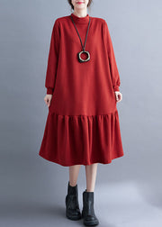 French Red Turtleneck Ruffled Patchwork Thick Maxi Dresses Fall