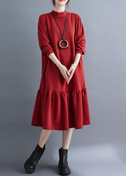 French Red Turtleneck Ruffled Patchwork Thick Maxi Dresses Fall