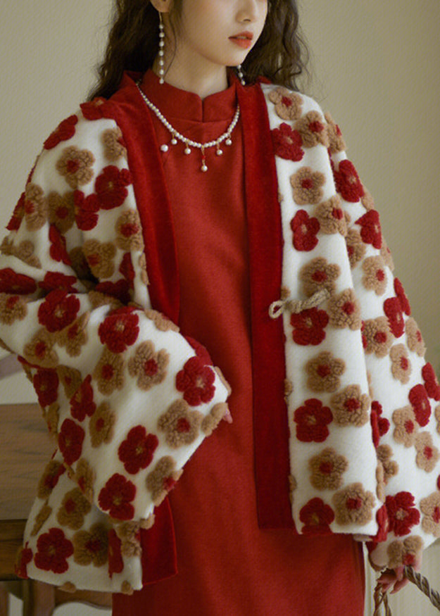 French Red V Neck Floral Warm Coat Winter