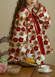 French Red V Neck Floral Warm Coat Winter