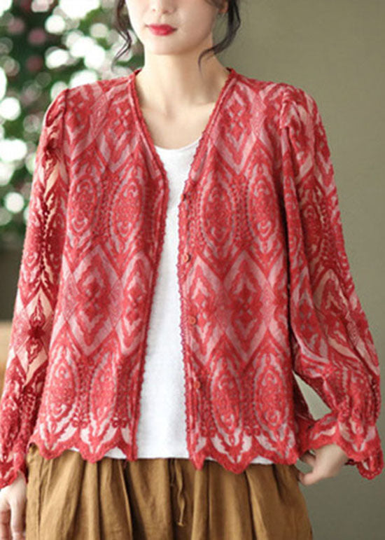French Red V Neck Patchwork Lace Cardigans Spring