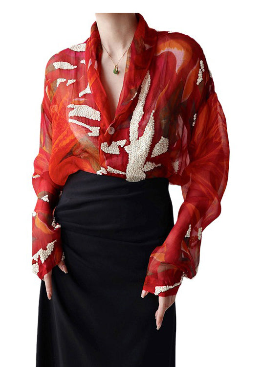 French Red V Neck Print Patchwork Silk Shirts Top Fall