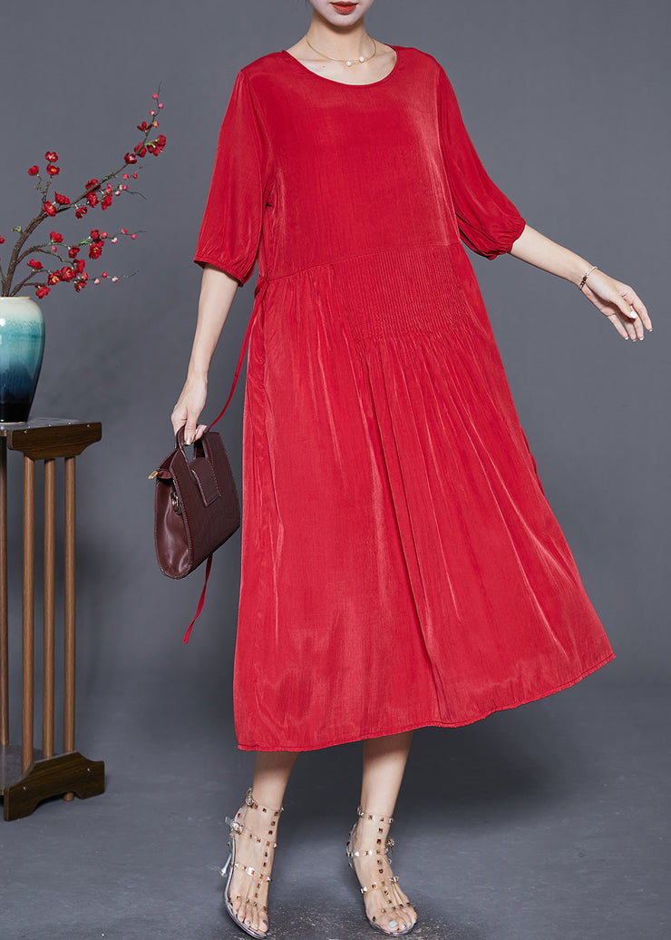 French Red Wrinkled Tie Waist Linen Long Dresses Summer