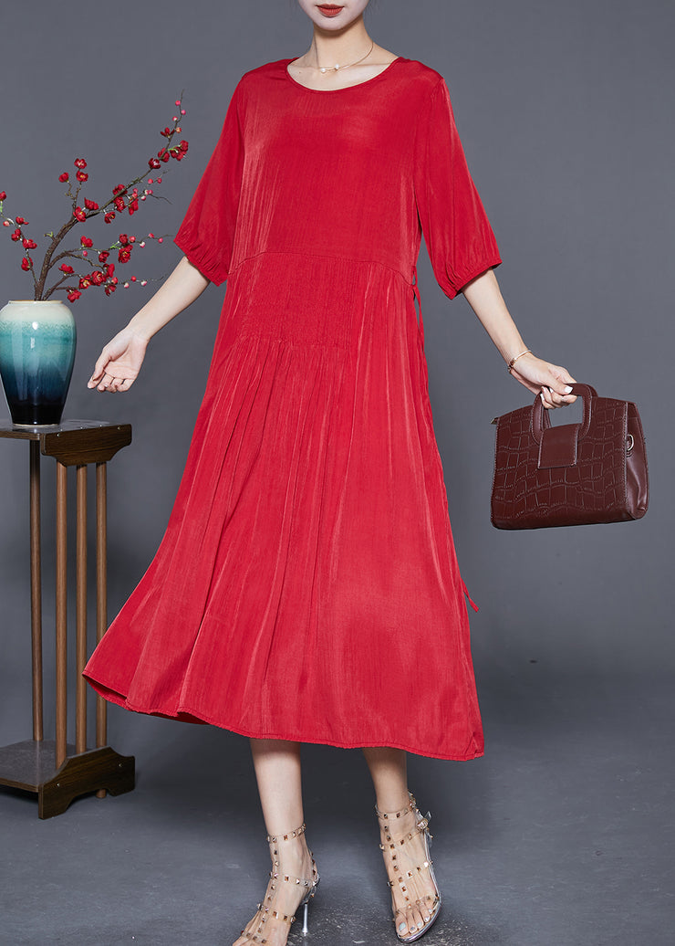French Red Wrinkled Tie Waist Linen Long Dresses Summer