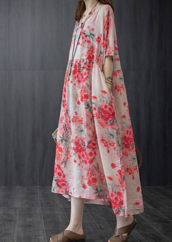 French Red Wrinkled V Neck Floral Linen Long Dress Short Sleeve