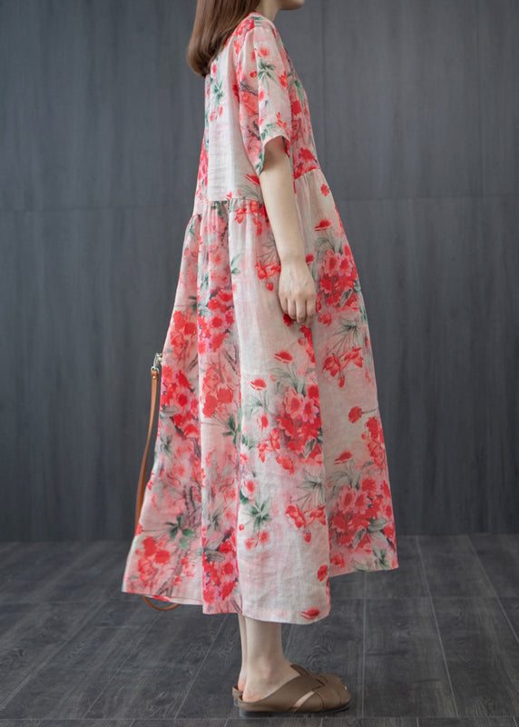 Französisches rotes, faltiges, V-Ausschnitt, Blumenleinen, langes Kleid mit kurzen Ärmeln
