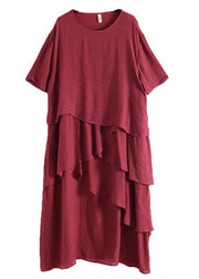 French Red asymmetrical Design Patchwork Cotton Linen Dress - SooLinen