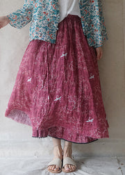 French Red elastic waist drawstring pocket print Linen Skirts Spring