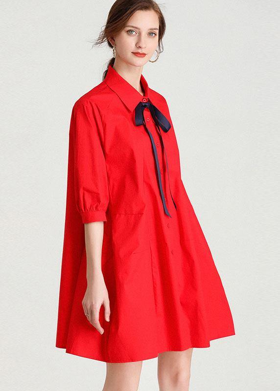 French Red elegant slim fit Summer Cotton Half Sleeve Party Dress - SooLinen