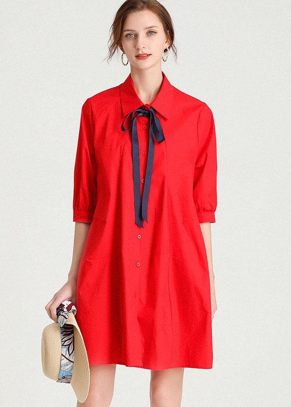 French Red elegant slim fit Summer Cotton Half Sleeve Party Dress - SooLinen
