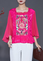 French Rose Embroidered Patchwork Silk Blouses Cloak Sleeves