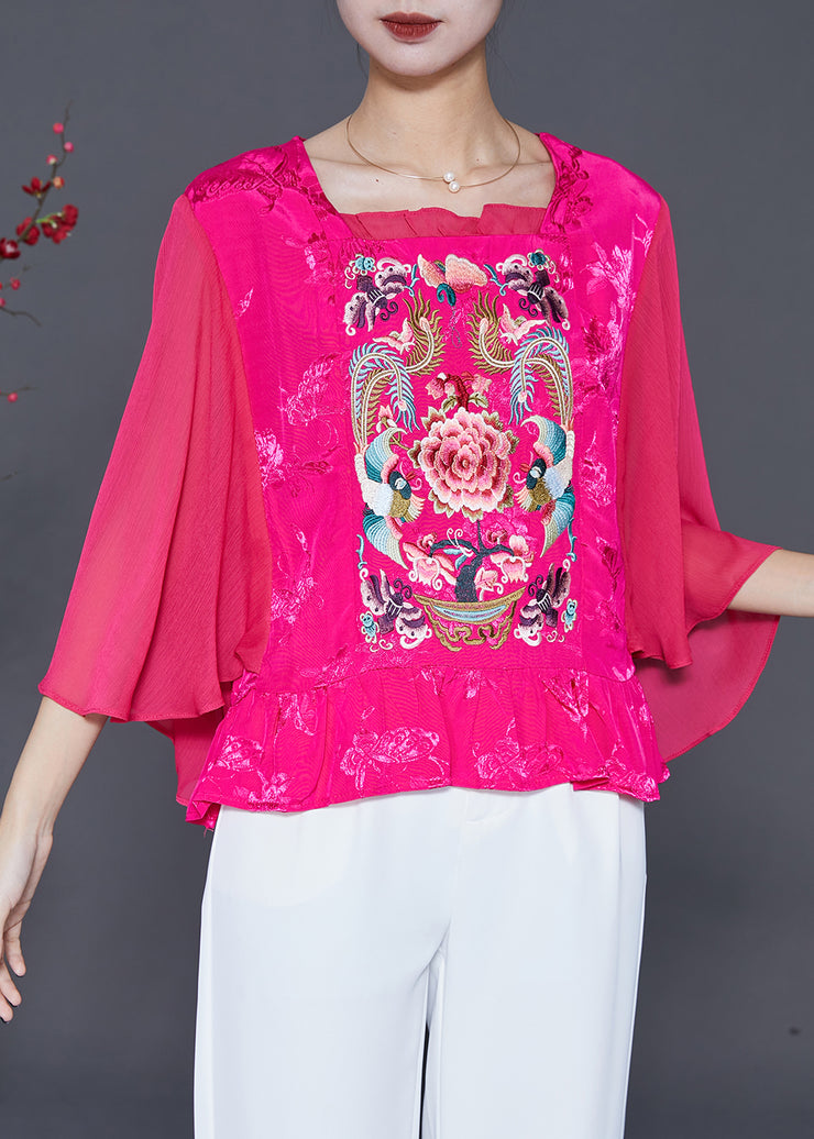 French Rose Embroidered Patchwork Silk Blouses Cloak Sleeves