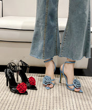 French Rose Floral Stiletto Sandals Denim Blue Sandals