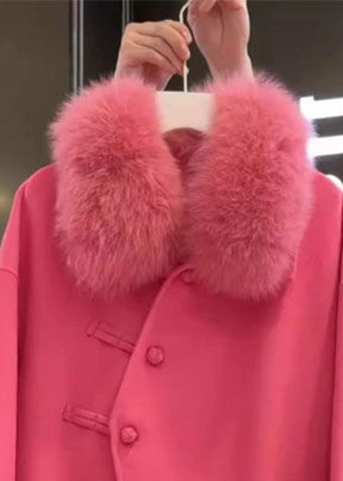 French Rose Fur Collar Button Pockets Woolen Coat Spring