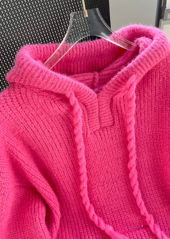 French Rose Hooded Drawstring Knit Sweatshirts Top Winter