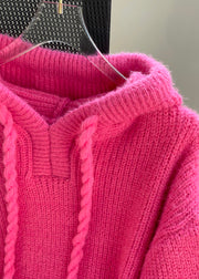 French Rose Hooded Drawstring Knit Sweatshirts Top Winter