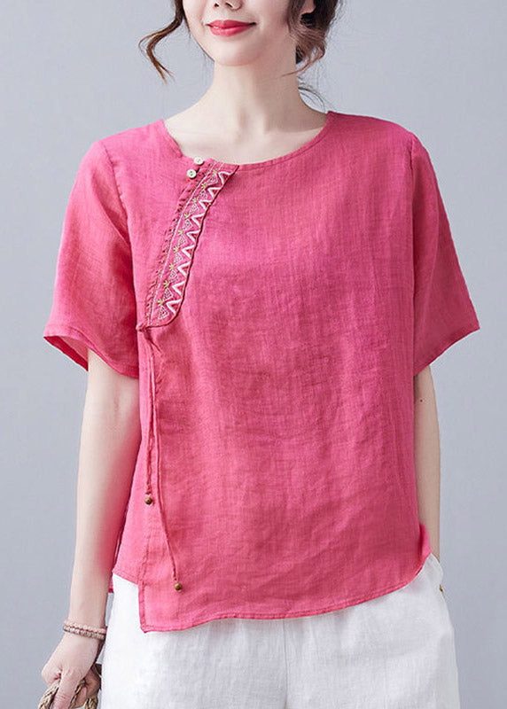 French Rose O-Neck Besticktes Leinen T-Shirt Kurzarm