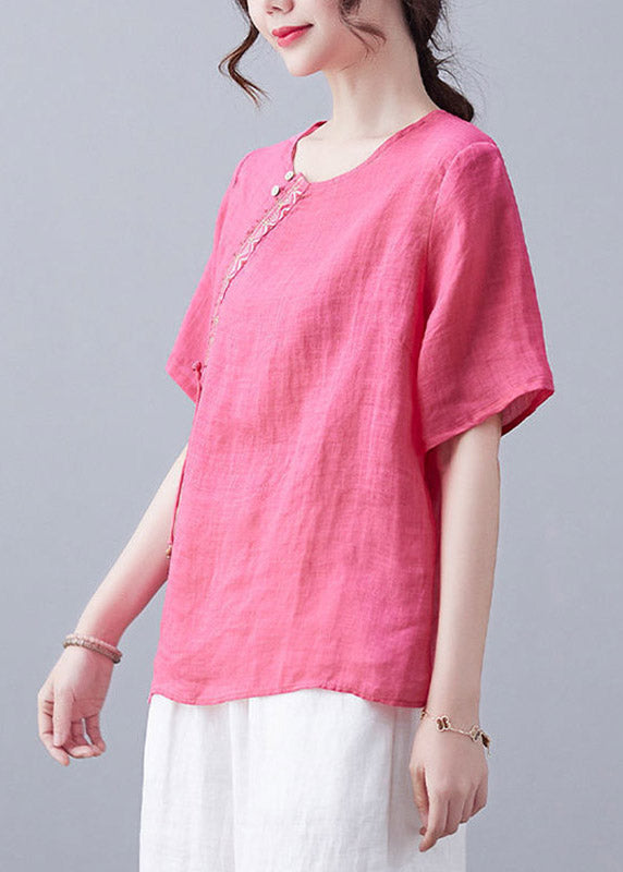 French Rose O-Neck Embroidered Linen T Shirt Short Sleeve